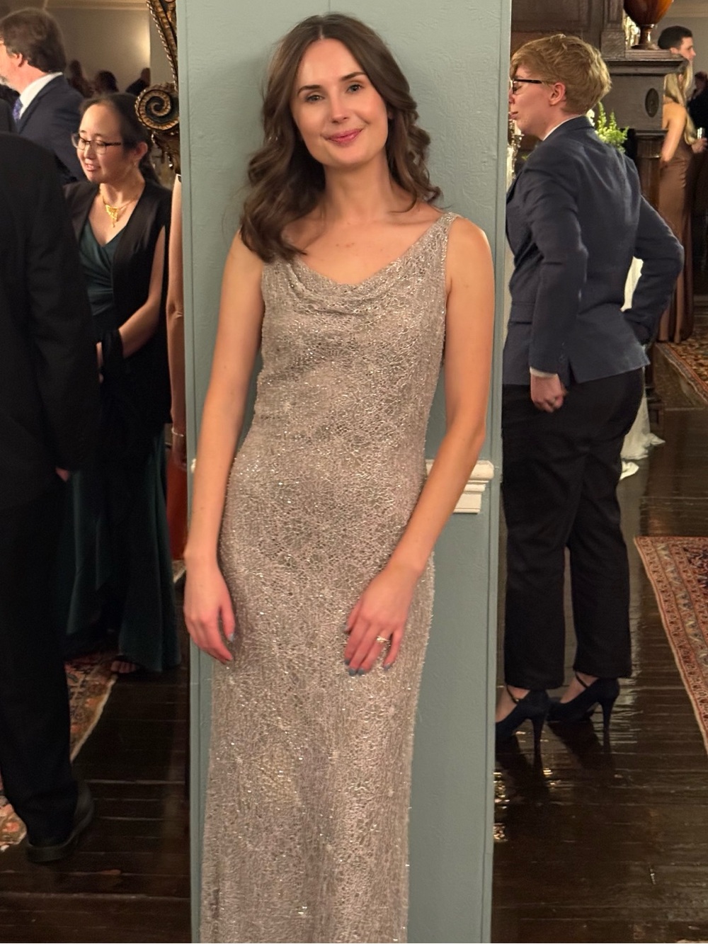 Carmen Marc Valvo Silver Sequin Cowl Neck Gown